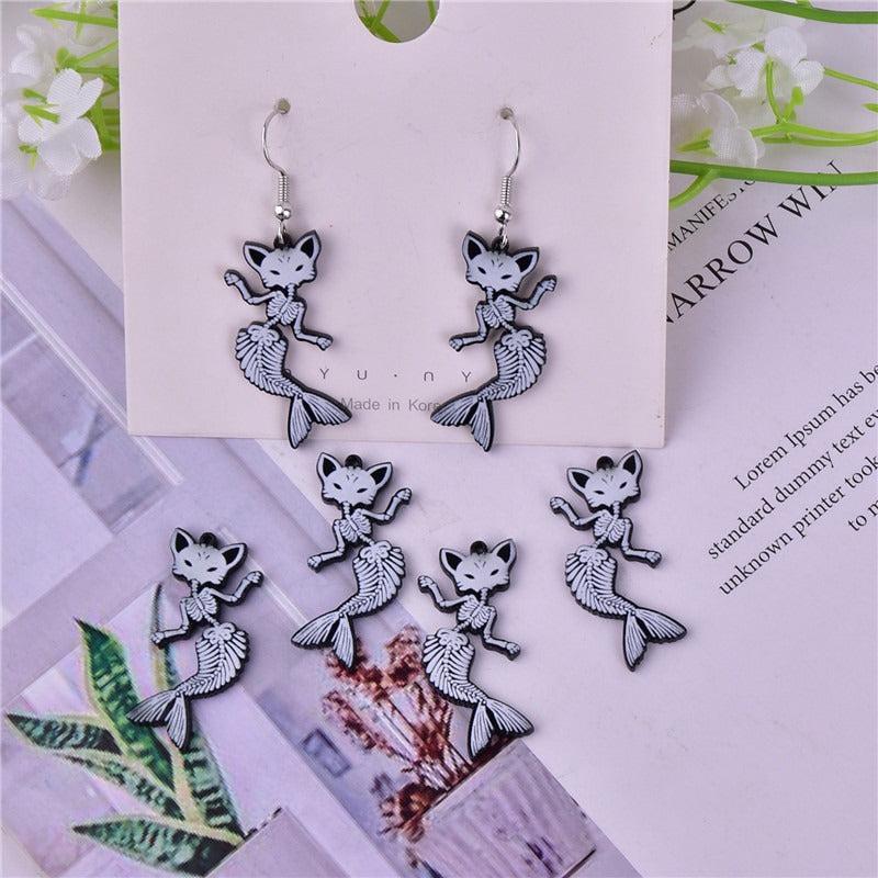 Halloween Grey Skull Mermaid Tail Bone Earrings