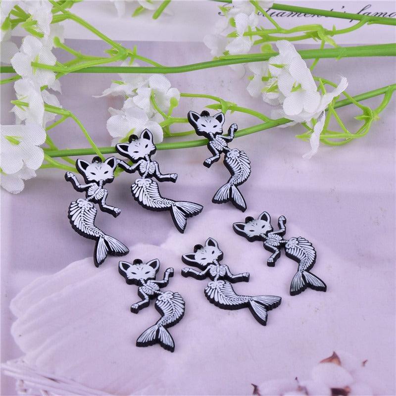 Halloween Grey Skull Mermaid Tail Bone Earrings