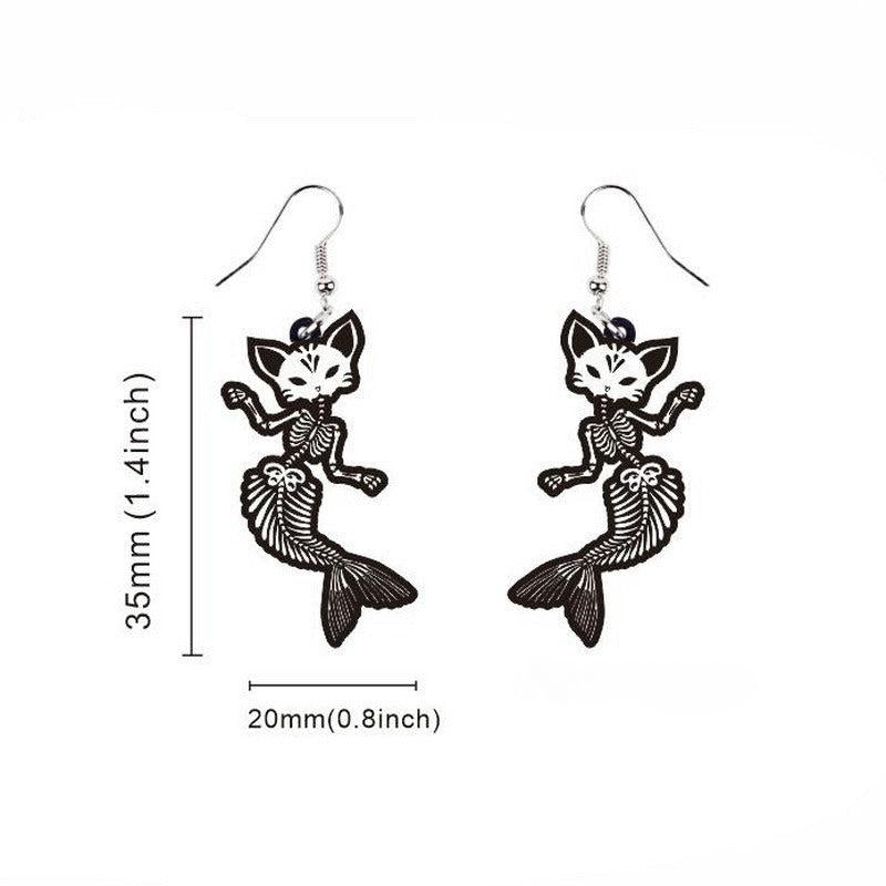 Halloween Grey Skull Mermaid Tail Bone Earrings