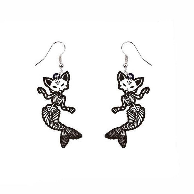 Halloween Grey Skull Mermaid Tail Bone Earrings