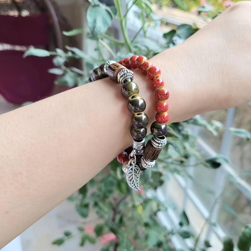 Double Ring Ceramic & Wooden Bracelet, Retro Style Couple Bracelet