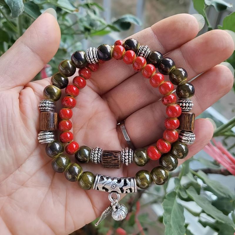 Double Ring Ceramic & Wooden Bracelet, Retro Style Couple Bracelet