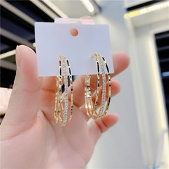 C Shaped Hoop Earrings with Rhinestones Copper Ear Jewelry