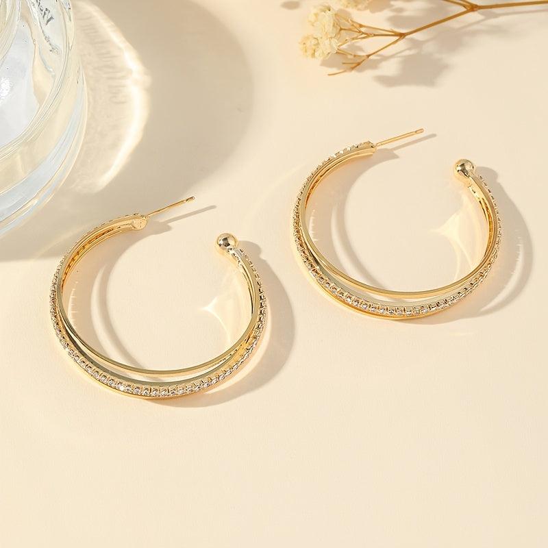 C Shaped Hoop Earrings with Rhinestones Copper Ear Jewelry