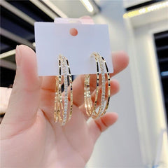 C Shaped Hoop Earrings with Rhinestones Copper Ear Jewelry