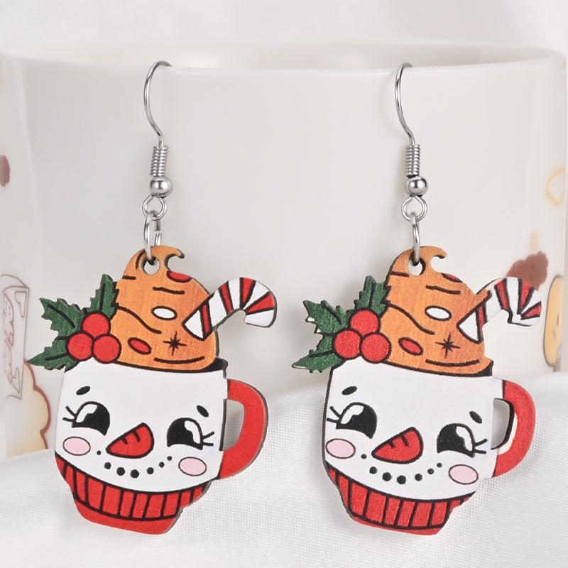 Snowman Ice Cream Cup Wooden Earrings Holiday Party Jewelry