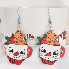 Snowman Ice Cream Cup Wooden Earrings Holiday Party Jewelry