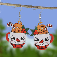 Snowman Ice Cream Cup Wooden Earrings Holiday Party Jewelry
