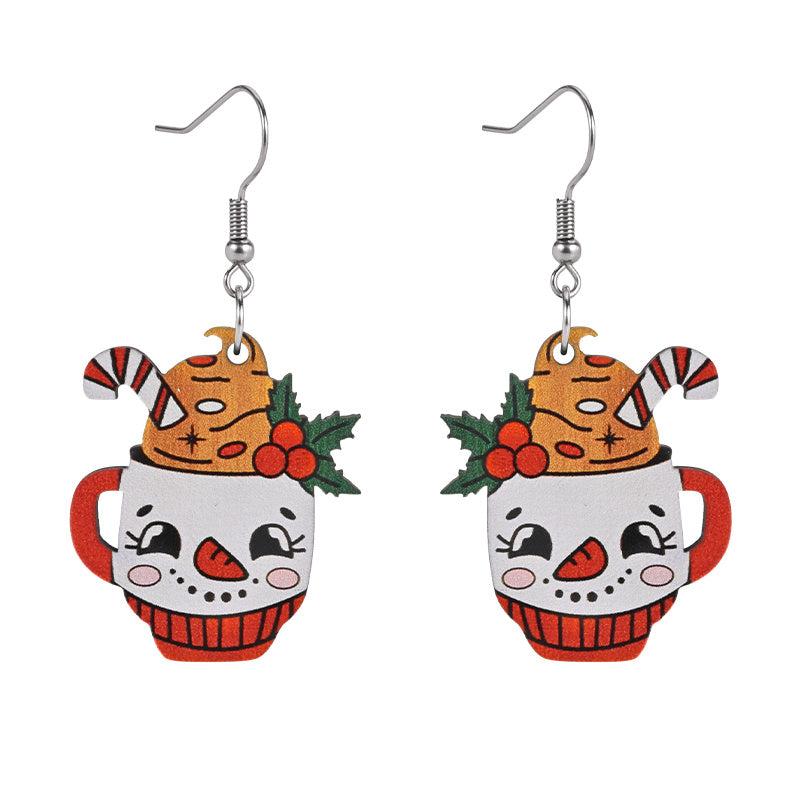 Snowman Ice Cream Cup Wooden Earrings Holiday Party Jewelry