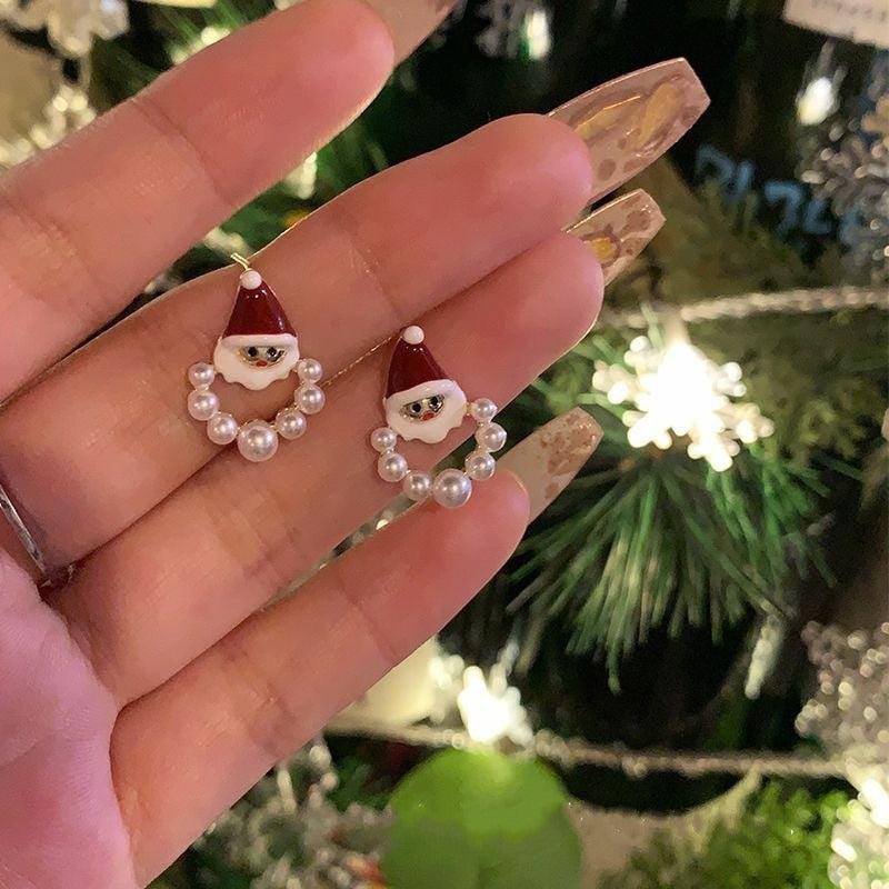 Santa Earrings Faux Pearl Cartoon Festive Christmas Earrings