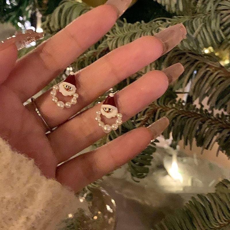Santa Earrings Faux Pearl Cartoon Festive Christmas Earrings