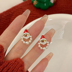 Santa Earrings Faux Pearl Cartoon Festive Christmas Earrings