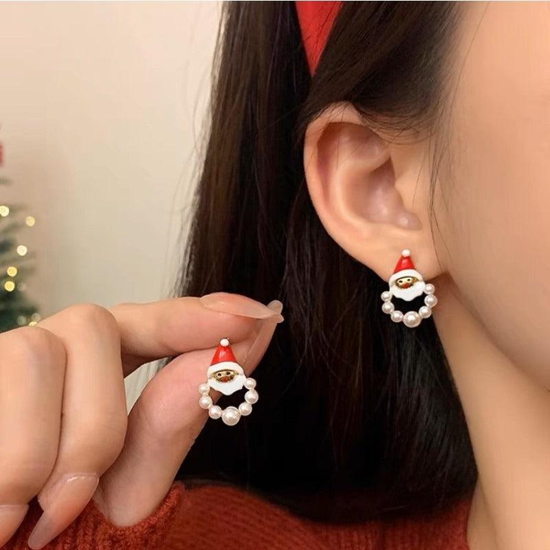 Santa Earrings Faux Pearl Cartoon Festive Christmas Earrings