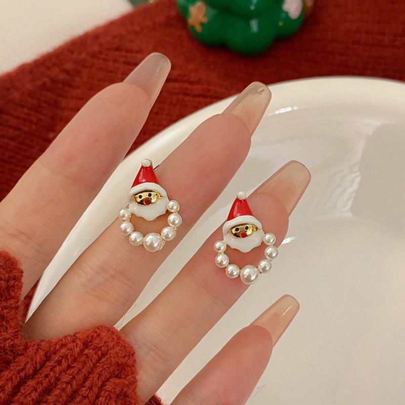 Santa Earrings Faux Pearl Cartoon Festive Christmas Earrings