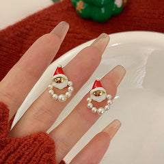 Santa Earrings Faux Pearl Cartoon Festive Christmas Earrings