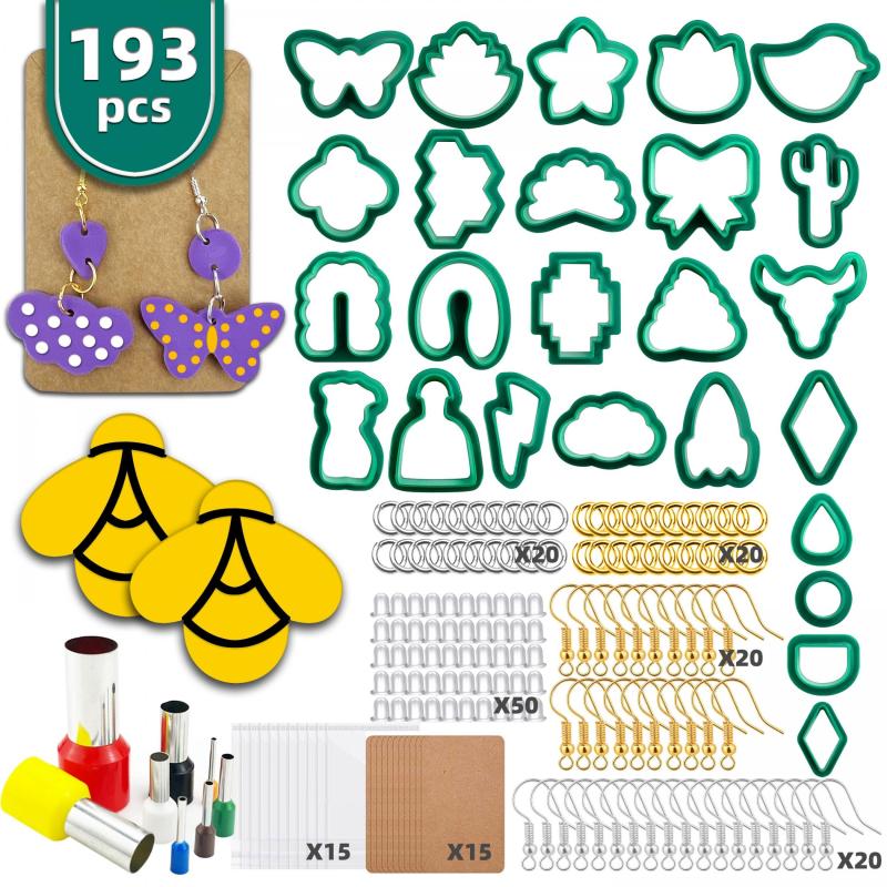 193pcs Polymer Clay Cutter Earring DIY Mold 25 Shapes Ear Hook Clog Storage Card