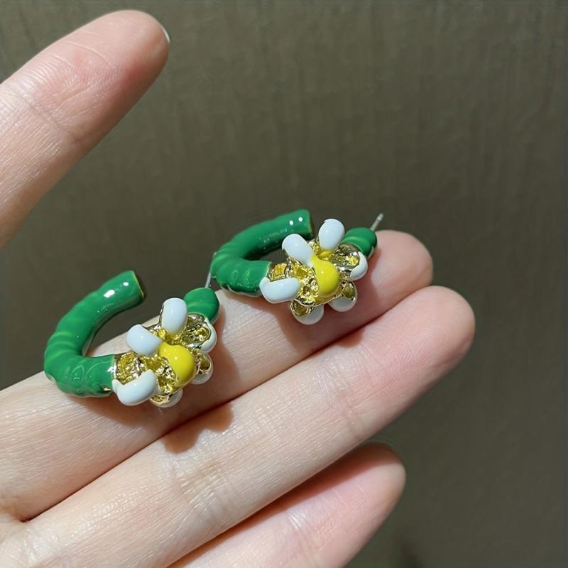 Green Enamel Flower Earrings Phone Cord Wrapped