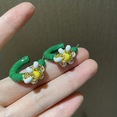Green Enamel Flower Earrings Phone Cord Wrapped