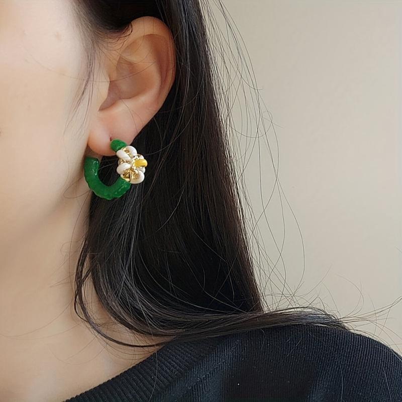 Green Enamel Flower Earrings Phone Cord Wrapped