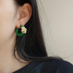 Green Enamel Flower Earrings Phone Cord Wrapped
