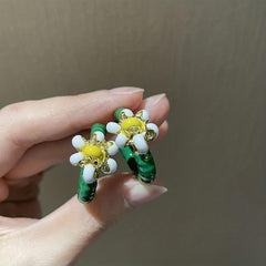 Green Enamel Flower Earrings Phone Cord Wrapped