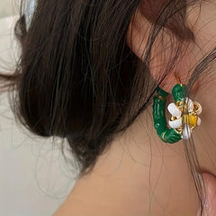 Green Enamel Flower Earrings Phone Cord Wrapped