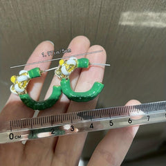 Green Enamel Flower Earrings Phone Cord Wrapped