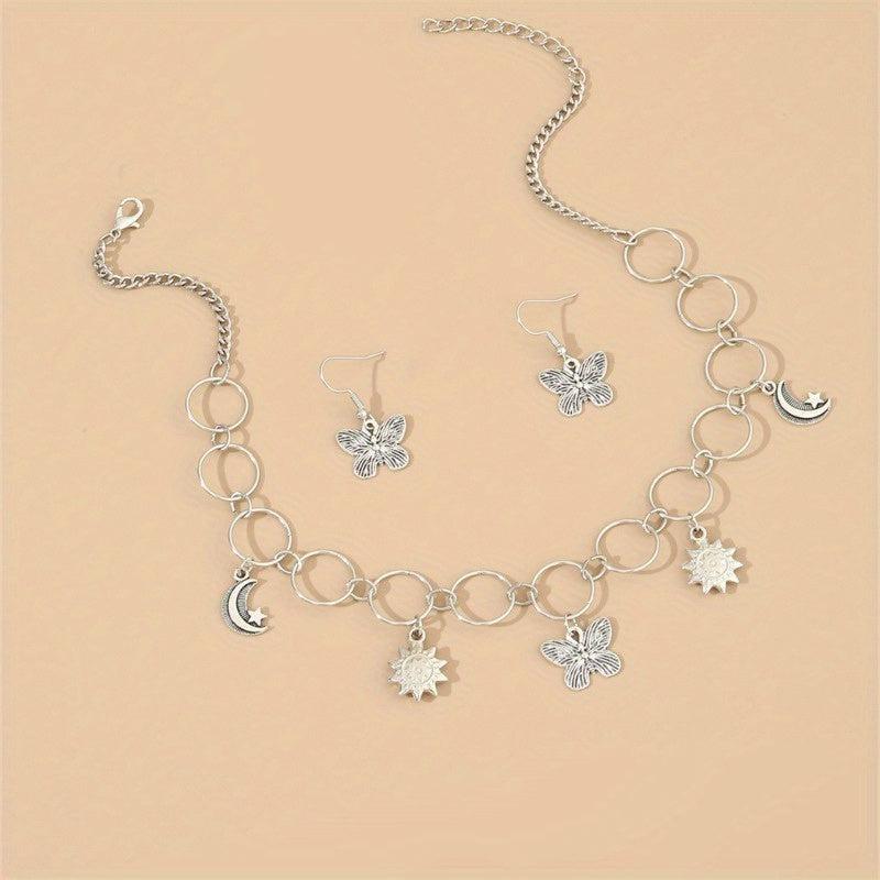 3 Pcs Butterfly Necklace Earrings Set Fashionable Style Women's Pendant Necklace