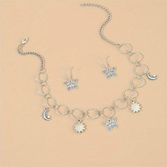 3 Pcs Butterfly Necklace Earrings Set Fashionable Style Women's Pendant Necklace