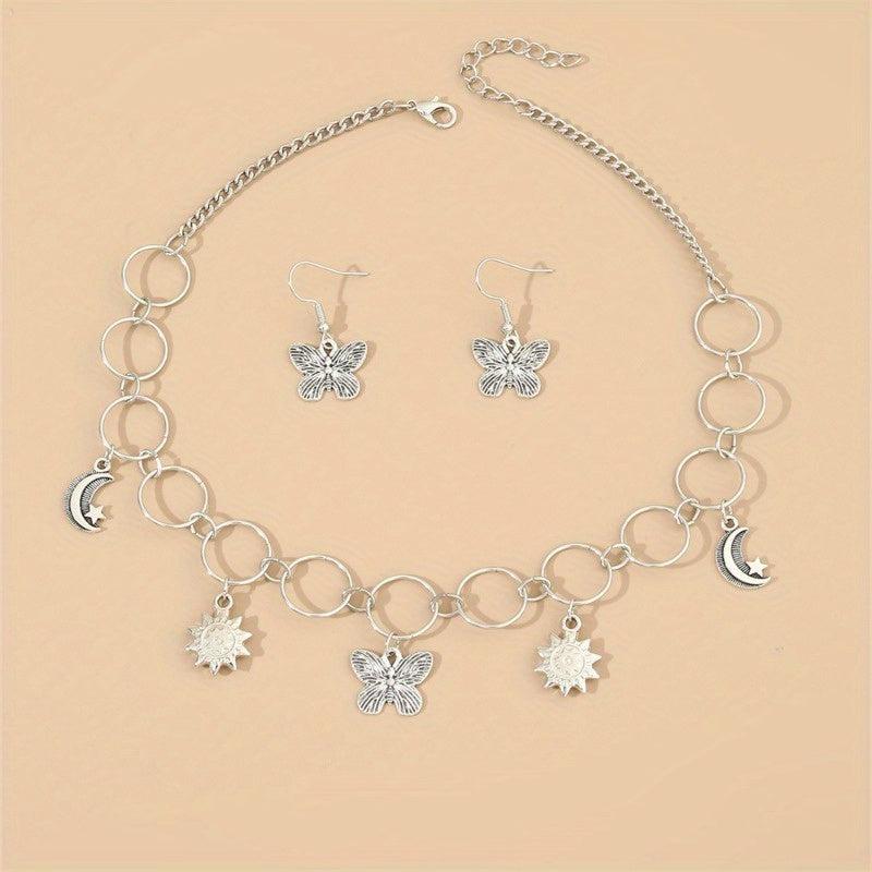3 Pcs Butterfly Necklace Earrings Set Fashionable Style Women's Pendant Necklace