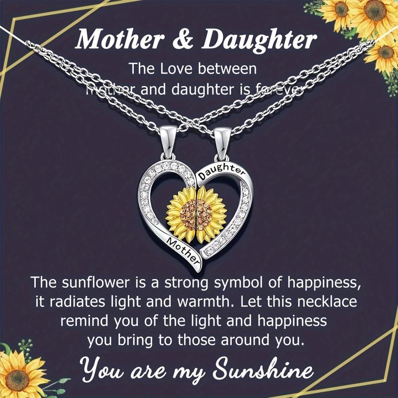 Mom & Daughter Sunflower Necklace Set, Magnet Heart Pendant Gift