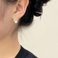 Artificial Diamond Leaf Faux Pearl Earrings Women Girls