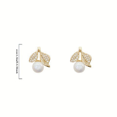 Artificial Diamond Leaf Faux Pearl Earrings Women Girls