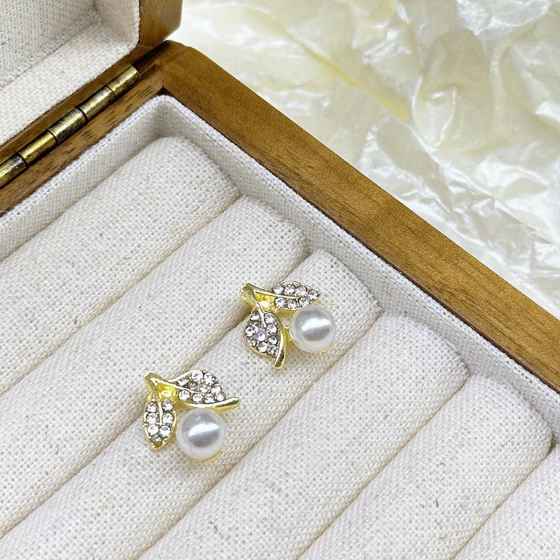 Artificial Diamond Leaf Faux Pearl Earrings Women Girls