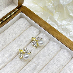 Artificial Diamond Leaf Faux Pearl Earrings Women Girls