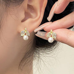 Artificial Diamond Leaf Faux Pearl Earrings Women Girls
