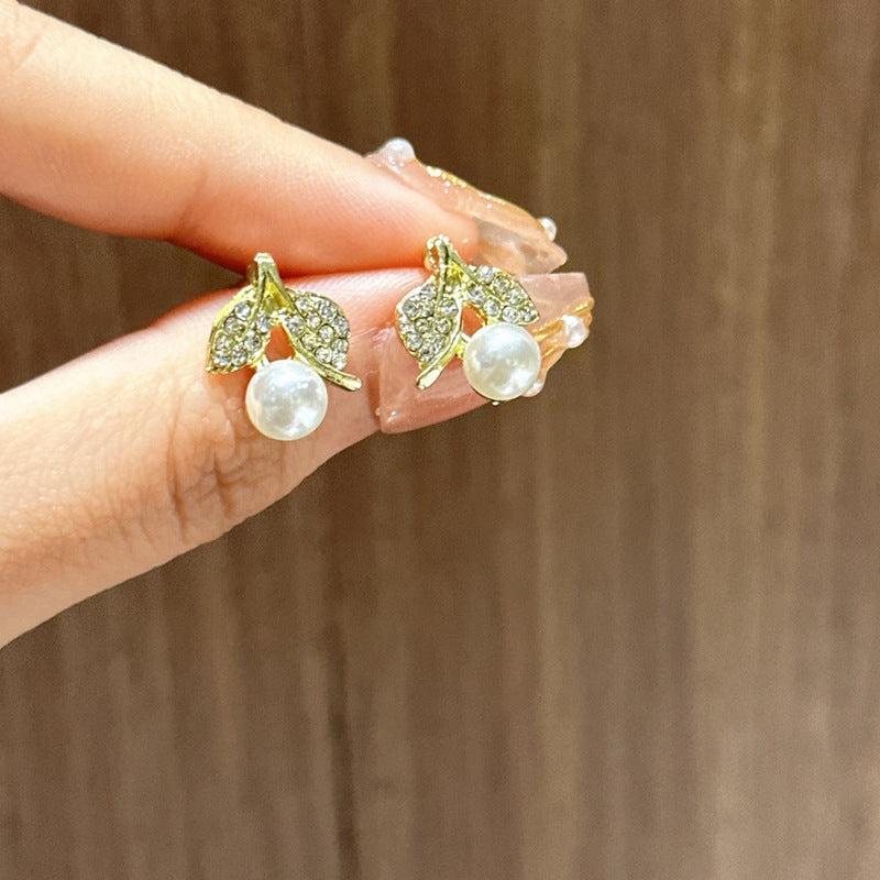 Artificial Diamond Leaf Faux Pearl Earrings Women Girls