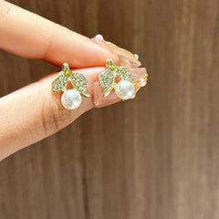 Artificial Diamond Leaf Faux Pearl Earrings Women Girls