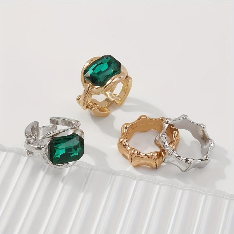 Retro Emerald Ring Women's Gothic Combination Ring Exaggerated Gemstone Ring