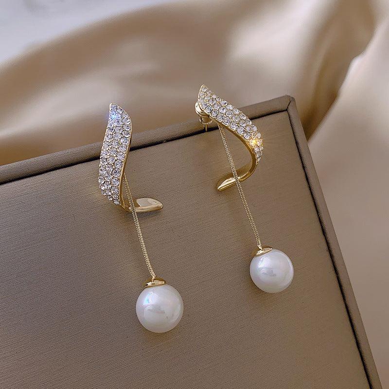 Artificial Diamond Pearl Earrings Elegant French Style