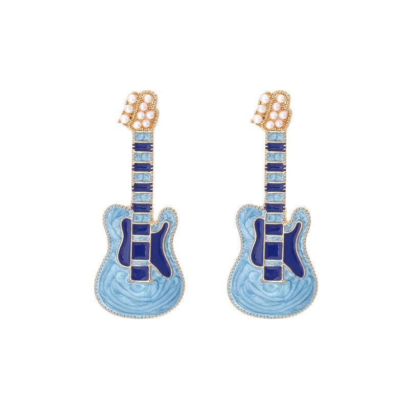 Punk Guitar Earrings Pearl Rock Studs - Halloween Christmas Gift
