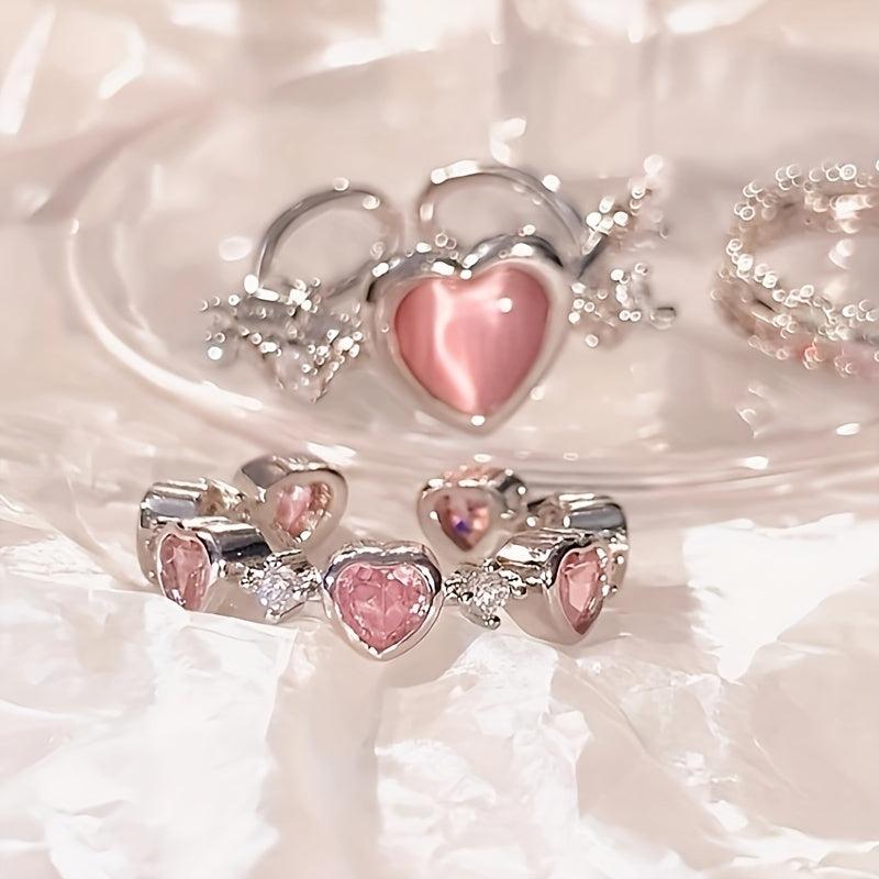 Pink Artificial Diamond Heart Ring Full of Diamonds Girlfriend Finger Ring
