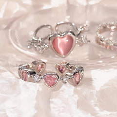 Pink Artificial Diamond Heart Ring Full of Diamonds Girlfriend Finger Ring