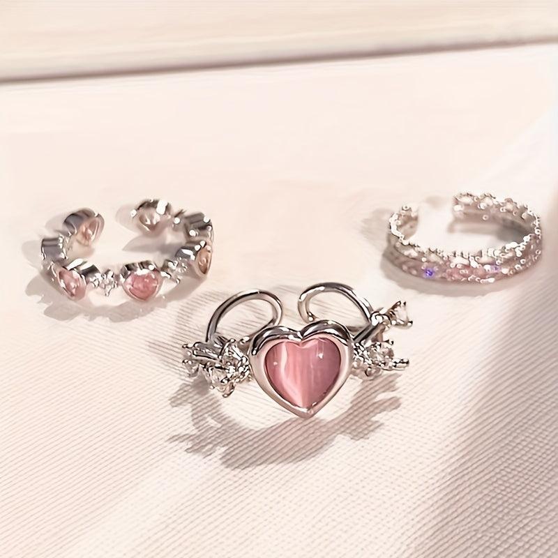 Pink Artificial Diamond Heart Ring Full of Diamonds Girlfriend Finger Ring