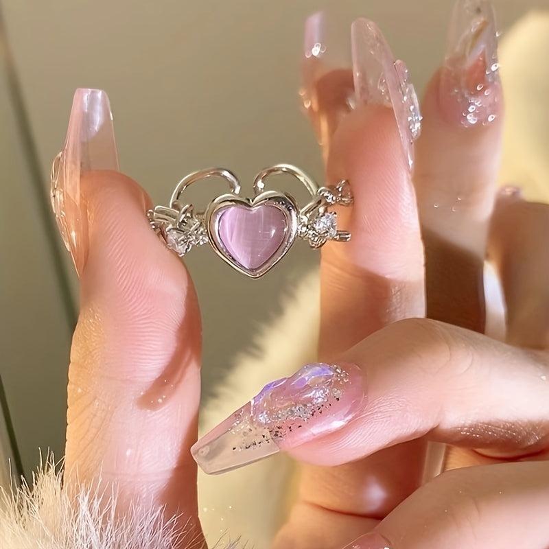 Pink Artificial Diamond Heart Ring Full of Diamonds Girlfriend Finger Ring