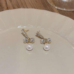 Silvery Needle Light Niche Bow Pearl Earrings Female Long Tassel