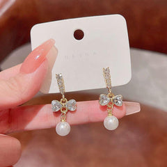 Silvery Needle Light Niche Bow Pearl Earrings Female Long Tassel