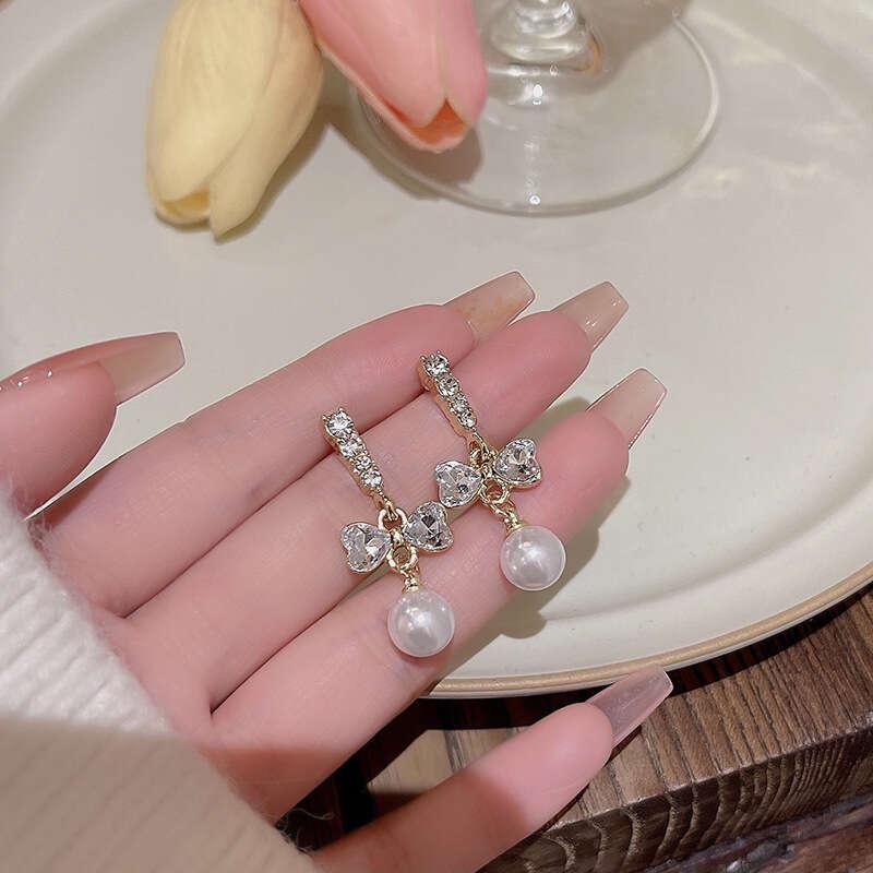 Silvery Needle Light Niche Bow Pearl Earrings Female Long Tassel