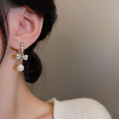 Silvery Needle Light Niche Bow Pearl Earrings Female Long Tassel