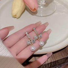 Silvery Needle Light Niche Bow Pearl Earrings Female Long Tassel